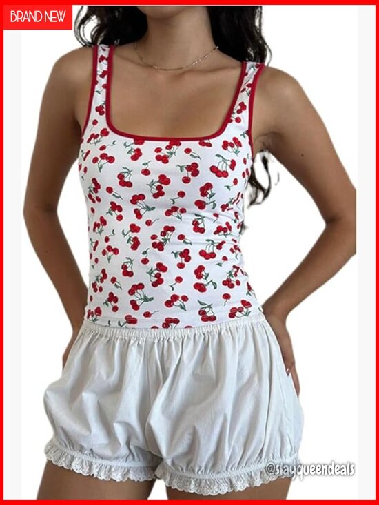 Tops - Y2K Strawberry Print Crop Tank Top Ribbed Scoop Neck Sleeveless
